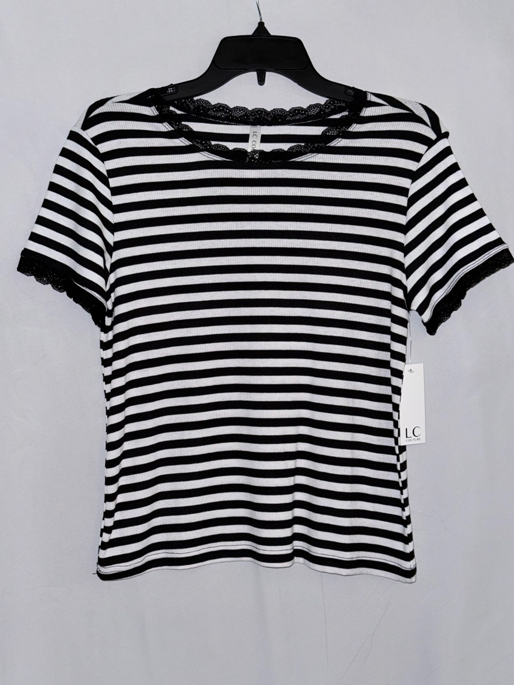 NWT LC Couture Black & White Striped Lace-Trim Short Sleeve Top Size Medium